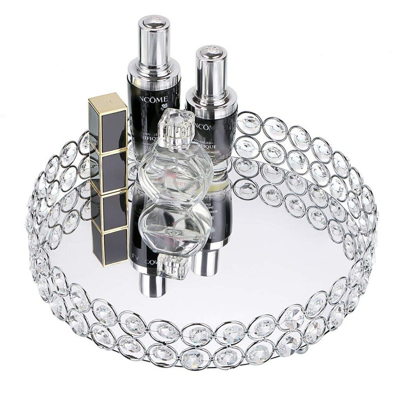 Hipiwe Crystal Make up Tray, Mirror Perfume Tray Bathroom Storage Trays Jewelry Trinket Trays Vanity Cosmetic Organizer Home Decor, Birthday Gift for Women(Round 9.8 Inch) - Image 1